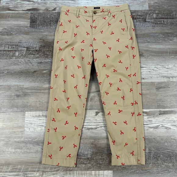 J.Crew Lobster Print Chino Pants High Rise Khaki Red Embroidered 10P - Picture 1 of 8